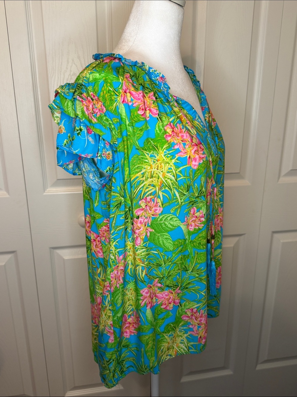 Rose & Olive Tropical Floral V-Neck Short Sleeve Top - Turquoise, Pink & Green